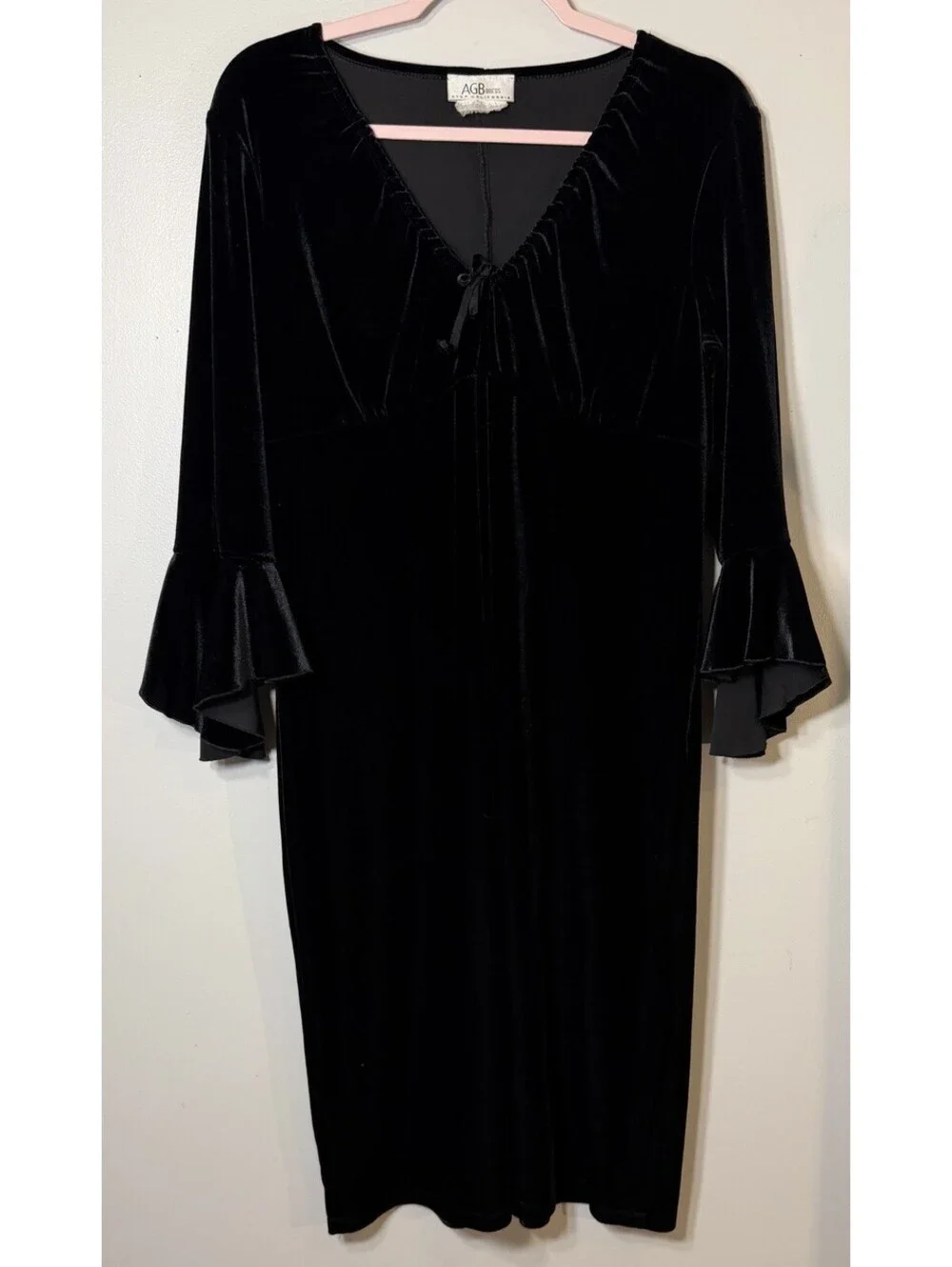 VTG AGB Black Velvet Goth Dress Flared Bell Sleeve Vampy Witchy Empire Waist 16